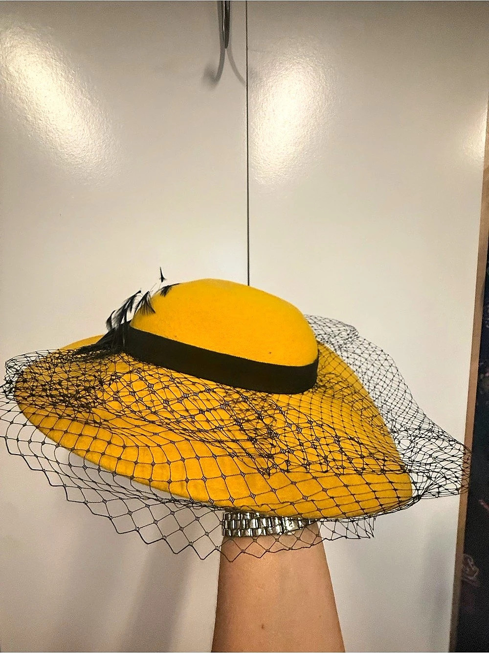 Vintage yellow wool hat with black Veil and Feathers - gorgeous for fall or cost